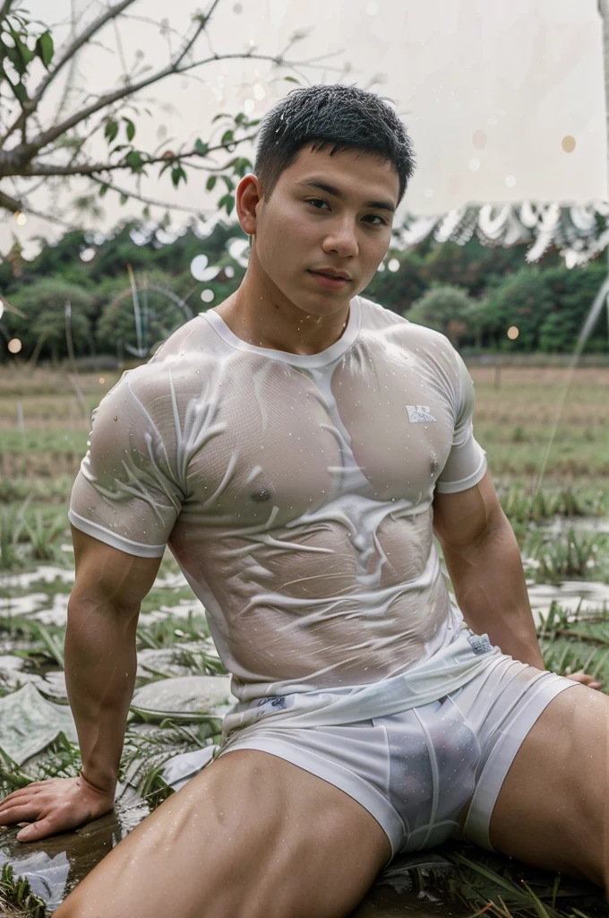 独奏 , 1 person sitting on the floor , Picture of a handsome Asian rugby player with short hair, no beard, muscular body, big muscles, wearing a wet white round neck t-shirt, outdoors, countryside. (field:1.2), Thailand ,(bokeh background:1.5)