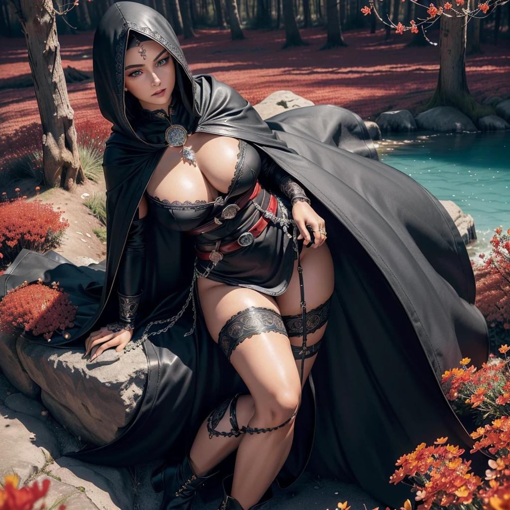 Realistic 3D anime style image of a dark-skinned woman wearing a long black hooded cloak ((covering her head up to her forehead)), ((cape and hood decorated with fine intricate details)), beautiful face, perfect beauty , detailed, symmetrical, two long strands of white hair on each side of the face, ((her blue eyes reflect the light of the stars)),(( beautiful eyes extremely detailed)), (beautiful lips)( well detailed full lips), perfect body, voluptuous body ,(((large breasts))),(a round silver medallion (with fine intricate details) tied to a silver chain hanging on her chest),(((narrow waist))),(((wide hips))) , (((thick thighs))),(long-sleeved black (neckless) blouse), (qipao collar decorated with fine intricate details), (black gloves with cuffs) (decorated with fine intricate details), (short black skirt with a sash, (in the sash she wears a leather belt from which a silver dagger hangs), long black stockings covering her legs to the middle of her thighs, (black ankle boots with flaps up to the knee), ((decorated with fine intricate details)). walking through a forest of wisteria trees, near a beautiful lake with crystal clear waters on a sunny day ((ground covered in beautiful red flowers)), high quality image,extremely detailed, masterpiece, 8k resolution,