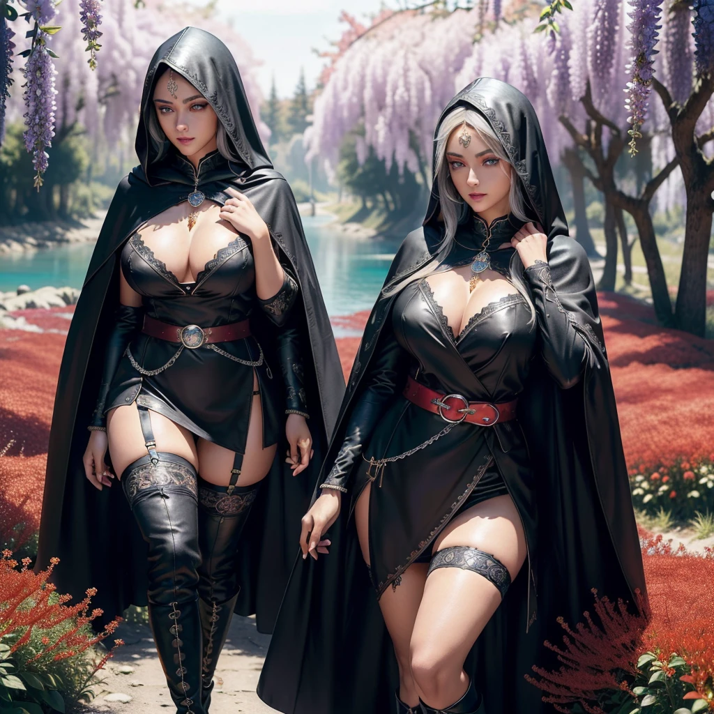 Realistic 3D anime style image of a dark-skinned woman wearing a long black hooded cloak ((covering her head up to her forehead)), ((cape and hood decorated with fine intricate details)), beautiful face, perfect beauty , detailed, symmetrical, two long strands of white hair on each side of the face, ((her blue eyes reflect the light of the stars)),(( beautiful eyes extremely detailed)), (beautiful lips)( well detailed full lips), perfect body, voluptuous body ,(((large breasts))),(a round silver medallion (with fine intricate details) tied to a silver chain hanging on her chest),(((narrow waist))),(((wide hips))) , (((thick thighs))),(long-sleeved black (neckless) blouse), (qipao collar decorated with fine intricate details), (black gloves with cuffs) (decorated with fine intricate details), (short black skirt with a sash, (in the sash she wears a leather belt from which a silver dagger hangs), long black stockings covering her legs to the middle of her thighs, (black ankle boots with flaps up to the knee), ((decorated with fine intricate details)). walking through a forest of wisteria trees, near a beautiful lake with crystal clear waters on a sunny day ((ground covered in beautiful red flowers)), high quality image,extremely detailed, masterpiece, 8k resolution,