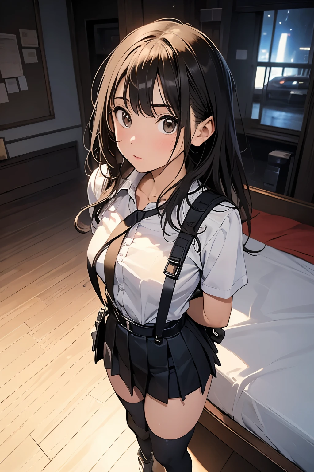 high quality, masterpiece, Ultra-high resolution, (realism: 1.4), Oil painting style, Cinema Lighting, , I stood on the empty asphalt road and looked at it., And the suspenders with the cranes flying Large Breasts Small face holster Lying in bed Looking up Sweat belt summer 脇Sweat Black Hole Gloves suit mini skirt garterbelt Leg Links ズボンにbelt holster Hands behind your back Anxious expression Looking up Anxious face Knee-high Knee socks Knee-highソックス garterbelt garter