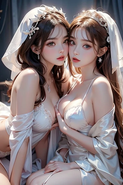 a beautiful 2 young woman wearing a white robe, they kissing each other and close to mouth , lite pink bra, Lingerie pose, wearing white silk hood,beautiful jewish woman, wearing white silk, wearing a white robe, wearing long white robe, wearing a luxurious silk robe, stunning woman,beautiful model girl,sofya emelenko, wearing silver silk robe , cleavage , large breasts