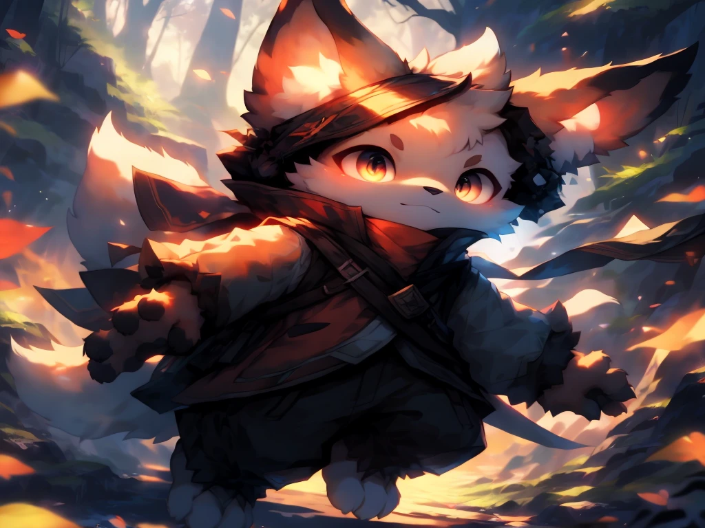 Generate a high-resolution desktop wallpaper with a fantasy forest scene at sunset, featuring a cute kemono character with animal ears and vibrant colors. Include detailed backgrounds with realistic lighting and a dynamic pose for the character