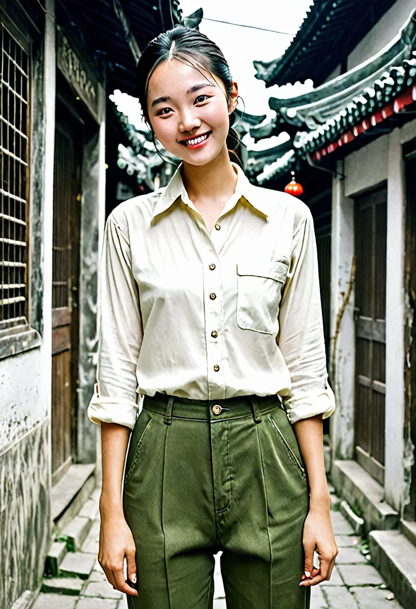 Sweet beautiful  Chinese educated youth girl, with the hair is braid, proportional body, beautiful face_smooth skin_high quality skin texture_thick lips_small pointed nose_nice natural eyebrows, she is smiling gently, wearing vintage off white shirt paired with long army green pants, standing in hutong alley china 1970s. 