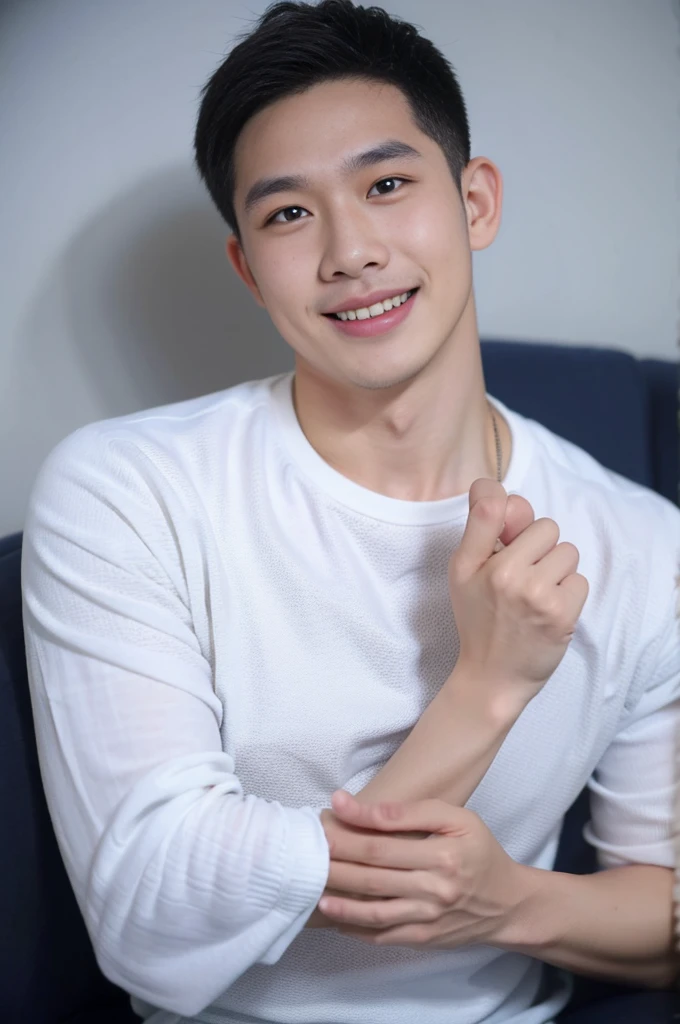 ((Highest quality, 8K, Masterpiece: 1.3))、Thailand Laos Burma Asia, Thai man, A handsome Asian rugby player with short hair, a muscular beard, and big muscles., １A man who has、 yo、Good appearance、Beautiful nose、smile、 Detailed eyes and face、beautiful light、(studio)、high resolution、（Look at the viewer.）、Fine mouth、smile、whole body: 1.5, perfect shape: 1.3, Picture of both shoulders:1.3, Navy blue round neck t-shirt:1.5