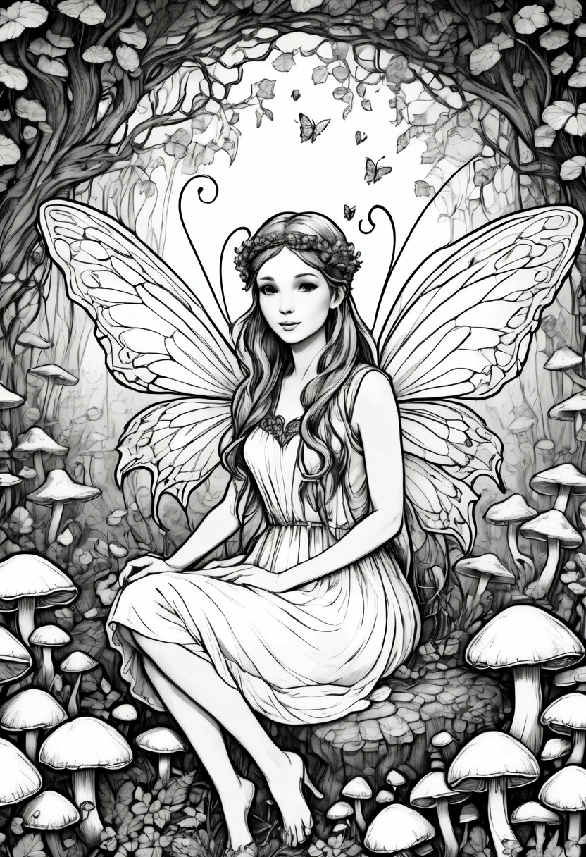 A fairy surrounded by glowing mushrooms in an enchanted forest, clean line art, white background, colouring page, clean outline, sketch style, floral frame, decorative panel, abstract ,sketch, character lines and scenes without colors and shadows. (Best Quality, Highres:1.4), Detailed, Intricate Details, 4K,