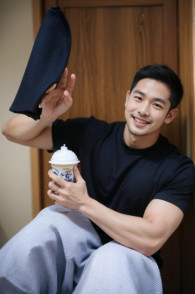 ((Highest quality, 8K, Masterpiece: 1.3))、Thailand Laos Burma Asia, Thai man, A handsome Asian rugby player with short hair, a muscular beard, and big muscles., 1A man who has、 yo、Good appearance、Beautiful nose、smile、 Detailed eyes and face、beautiful light、(studio)、high resolution、(Look at the viewer.)、Fine mouth、smile、whole body: 1.5, perfect shape: 1.3, Picture of both shoulders:1.3, Navy blue round neck t-shirt:1.5