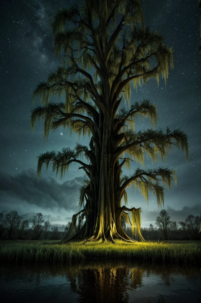 swamp forest dark night scary large willow tree in middle fantasy magic