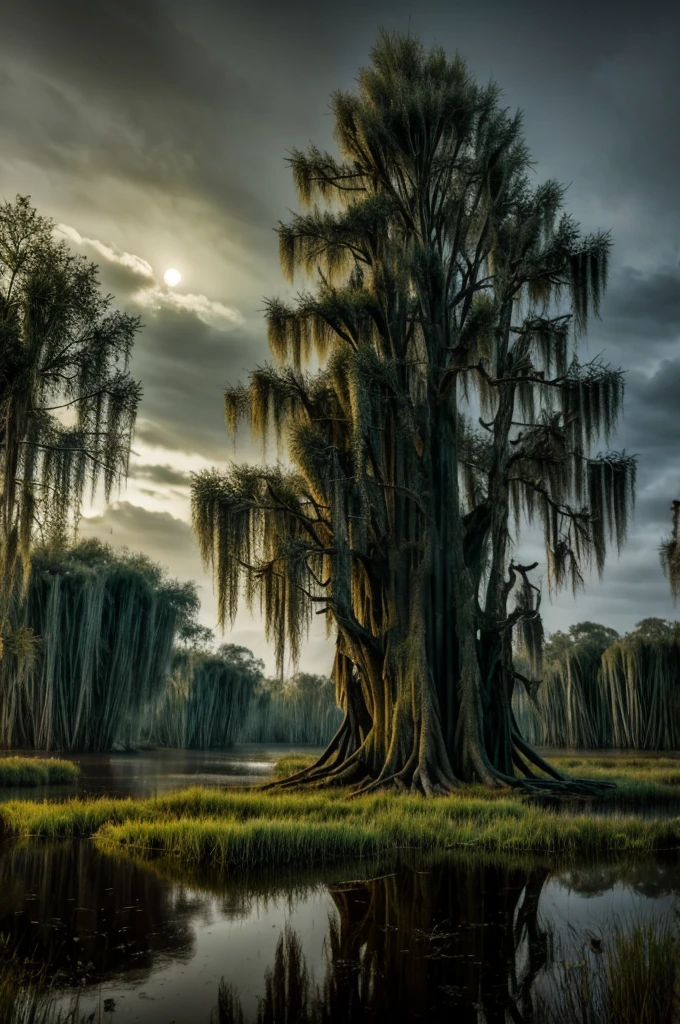 swamp forest dark night scary large willow tree in middle fantasy magic