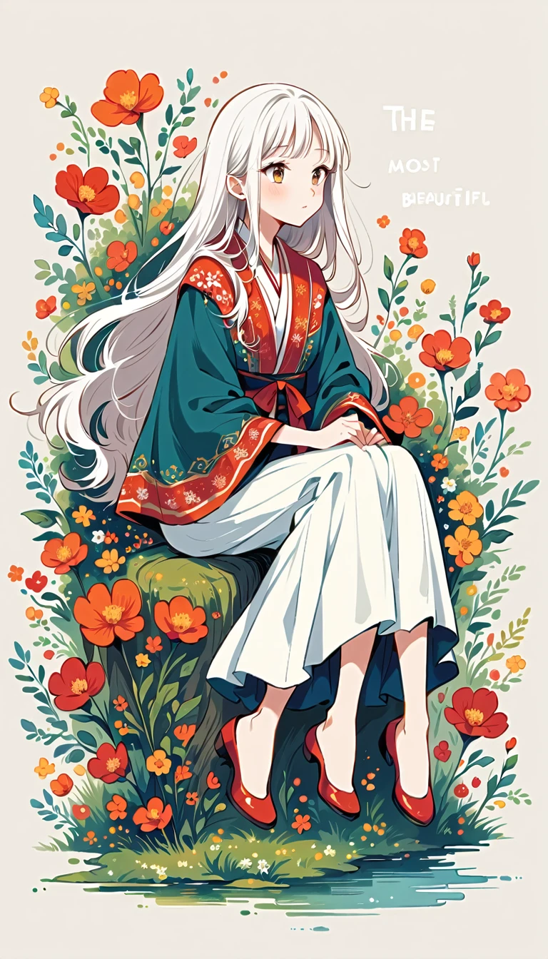 Fujichoco style, woman sitting wearing, long hair, white hair, full body, simple background,Simple line initialism, (((The Most Beautiful Girl))),