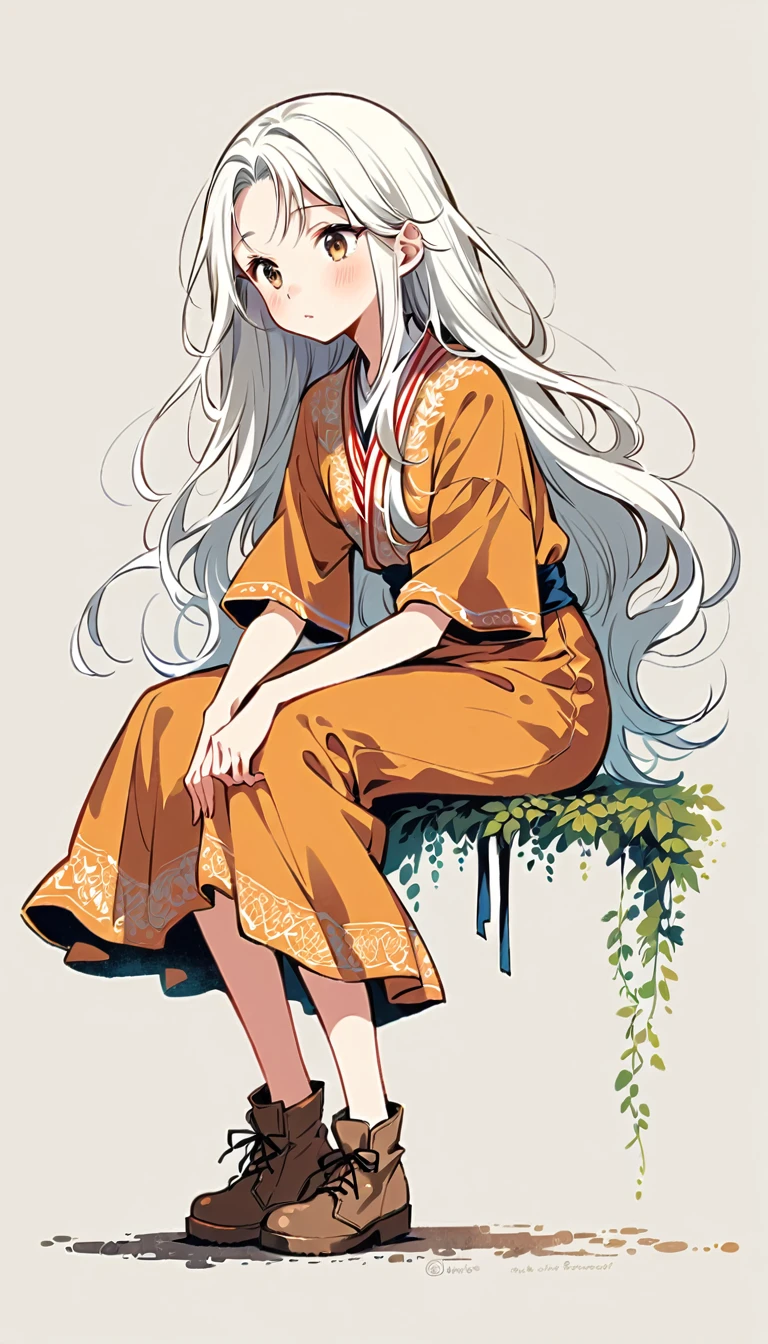 Fujichoco style, woman sitting wearing, long hair, white hair, full body, simple background,Simple line initialism, (((The Most Beautiful Girl))),