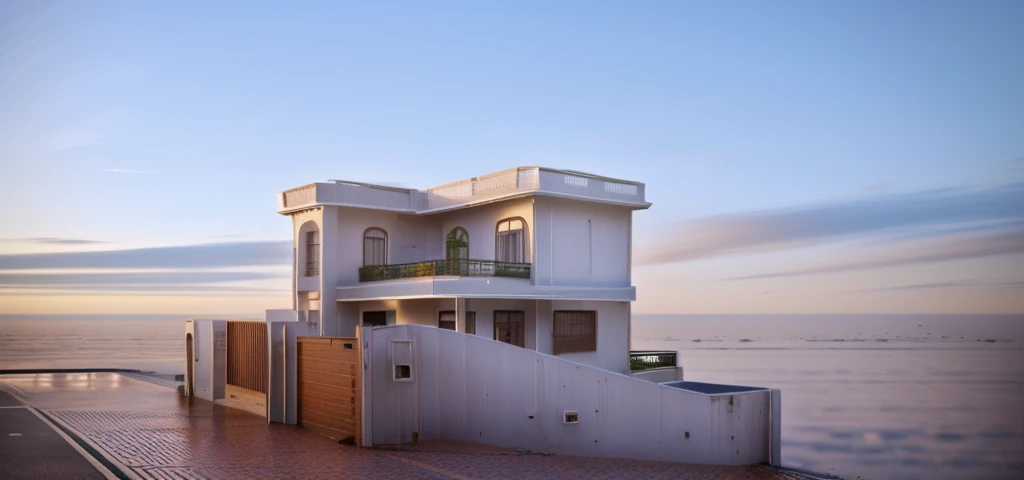 a rendering of a two story house with a balcony and a balcony, 3/4 view realistic, 3d rendering, 3 d rendering, frontview, front-view, front perspective, with 3 d render, with 3d render, complete house, front elevation view, exterior design, wide establishing shot, front view dramatic, detailed rendering, overall architectural design, Tree background