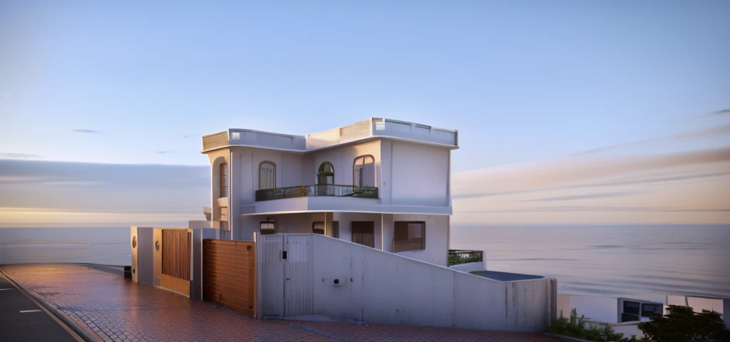 a rendering of a two story house with a balcony and a balcony, 3/4 view realistic, 3d rendering, 3 d rendering, frontview, front-view, front perspective, with 3 d render, with 3d render, complete house, front elevation view, exterior design, wide establishing shot, front view dramatic, detailed rendering, overall architectural design, Tree background