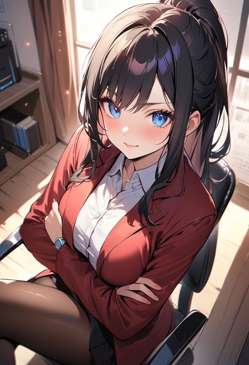 1 girl, 18 years old, long hair, black hair, straight hair, high ponytail, short bangs above brows, blue eyes, black eyewear, cool face, 
BREAK (masterpiece), (high resolution 8K), cinematic lighting, professional lighting, detailed eyes and face, detailed body, 
BREAK office lady, jacket, skirt, white blouse, pantyhose, crossed legs, crossed arms, 
BREAK indoors, in the office, sitting on the chair, from above, 