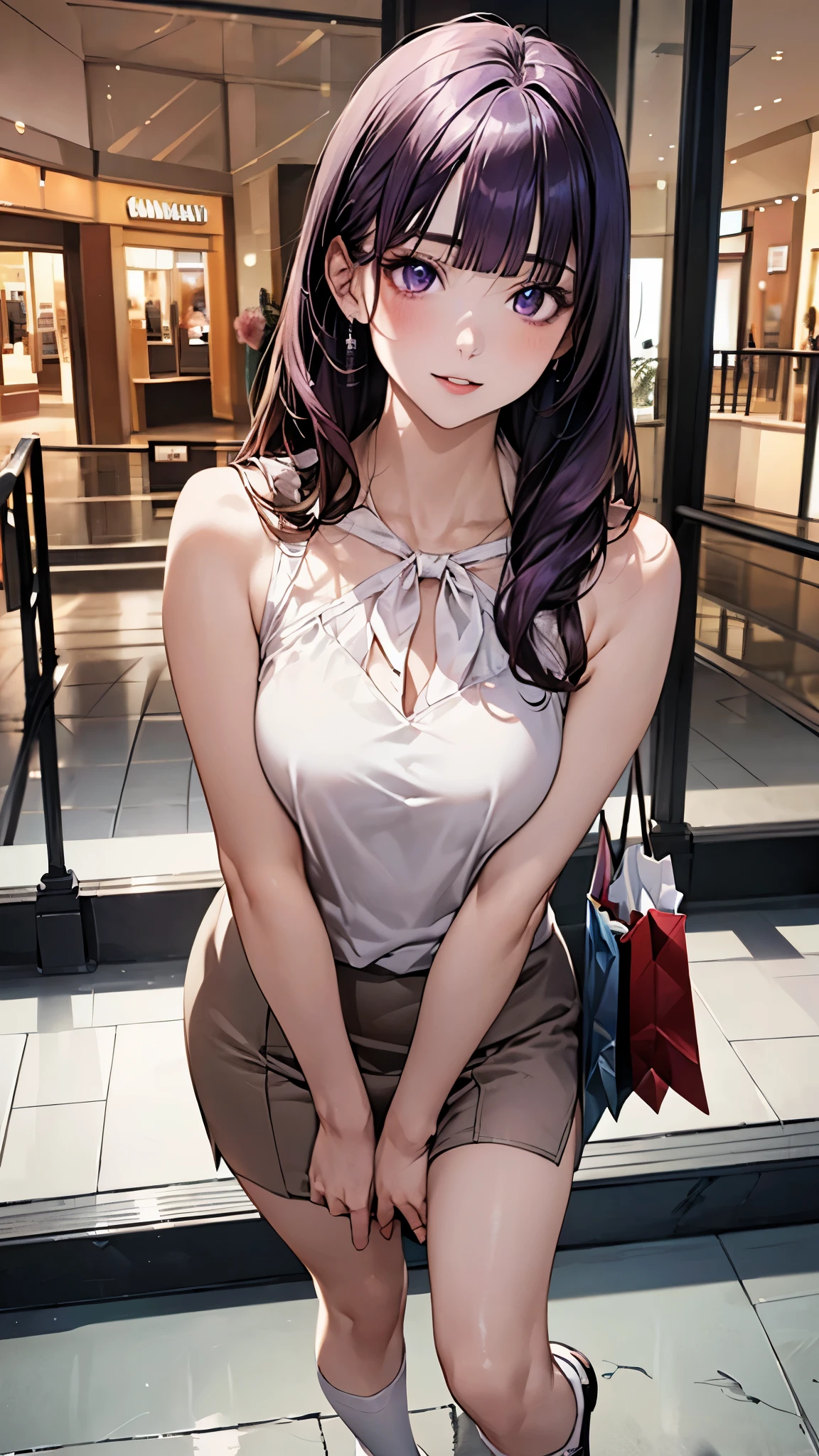 (masterpiece:1.2, top-quality), (realistic, photorealistic:1.4), beautiful illustration, (natural side lighting, movie lighting), nsfw,
looking at viewer, 1 girl, high school girl, (perfect anatomy, anatomically correct, super detailed skin), cute and symmetrical face, perfect face, perfect eyes, shiny skin,
(long hair:1.4, hime style, hime cut, purple hair), blunt bangs, purple eyes, big eyes, long eye lasher, (medium breasts, seductive thighs), slender, face,
beautiful detailed hair, beautiful detailed face, beautiful detailed eyes, beautiful clavicle, beautiful body, beautiful chest, beautiful thigh, beautiful legs, beautiful fingers,
(sleeveless white blouse, rose brown tight skirt, white neck ribbon, white high heels with straps), beige handbag,
(beautiful scenery), evening, (shopping mall:1.5), standing, appointment, (lovely smile, upper eyes, parted lips),