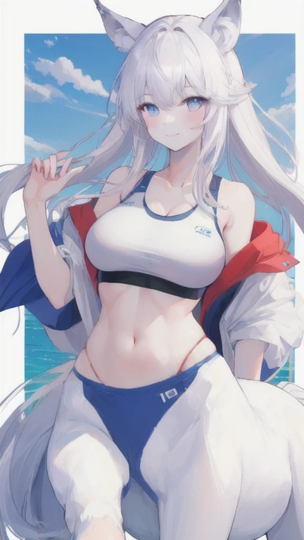 (best quality, masterpiece), 1 girl, centaur, It takes, White skin, Korean , Smiling, exposing the abdomen,Sportsbra, 아름다운 소녀 perfect wolf photo, perfect wolf photo