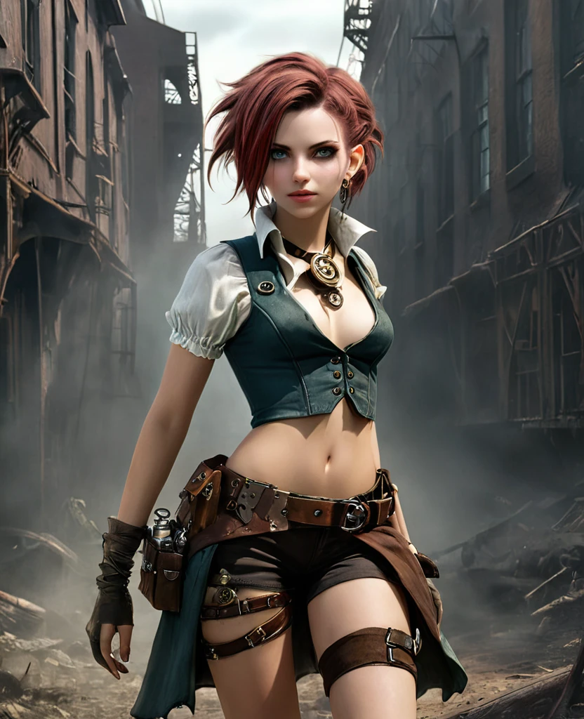 (((high resolution))), (((extremely detailed))), ((masterpiece)), dramatic shadows, depth of field, analog photo style, (world in which are collide steampunk and postapocalyptic vibes), postapocalyptic cute female in steampunk torn dirty clothes, looks like Aerith Gainsborough, depth of field, full body shot, unzoomed, (perfect body: 1.4), (sidecut short hairstyle), (stalking is quite common, although not the best way to make a living), looks interested, stylized atmosphere of unreality, dark aesthetic, dynamic pose, in motion, Armageddon, increase cinematic lighting, highly lifelike skin texture, parted lips, weary eyes, fine eyes, whitened skin, random hair colour, doomsday aura,