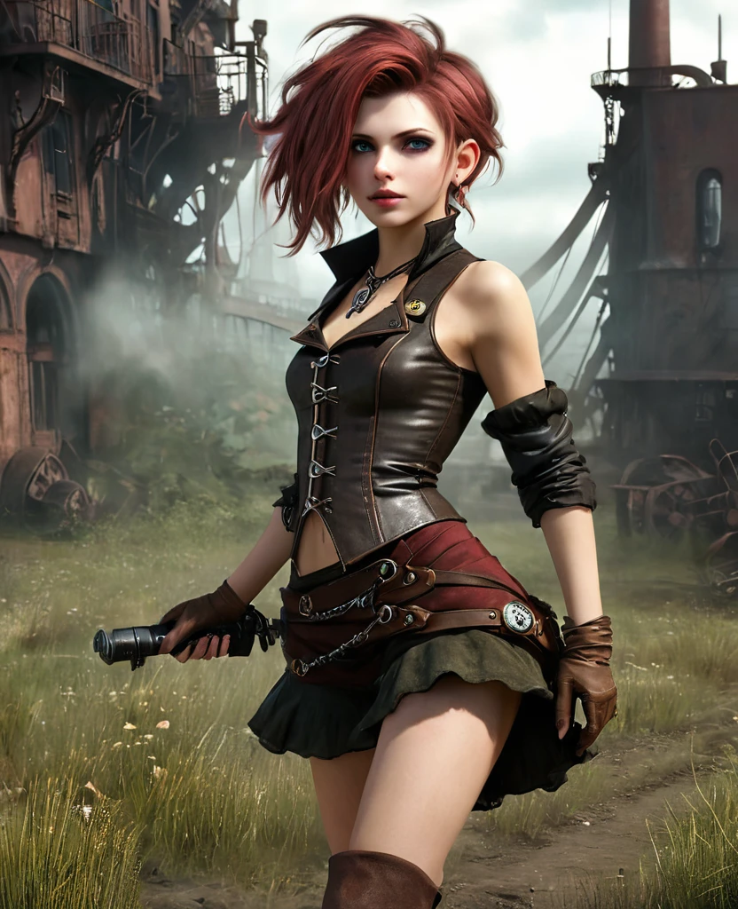 (((high resolution))), (((extremely detailed))), ((masterpiece)), dramatic shadows, depth of field, analog photo style, (world in which are collide steampunk and postapocalyptic vibes), postapocalyptic cute female in steampunk torn dirty clothes, looks like Aerith Gainsborough, depth of field, full body shot, unzoomed, (perfect body: 1.4), (sidecut short hairstyle), (stalking is quite common, although not the best way to make a living), looks interested, stylized atmosphere of unreality, dark aesthetic, dynamic pose, in motion, Armageddon, increase cinematic lighting, highly lifelike skin texture, parted lips, weary eyes, fine eyes, whitened skin, random hair colour, doomsday aura,