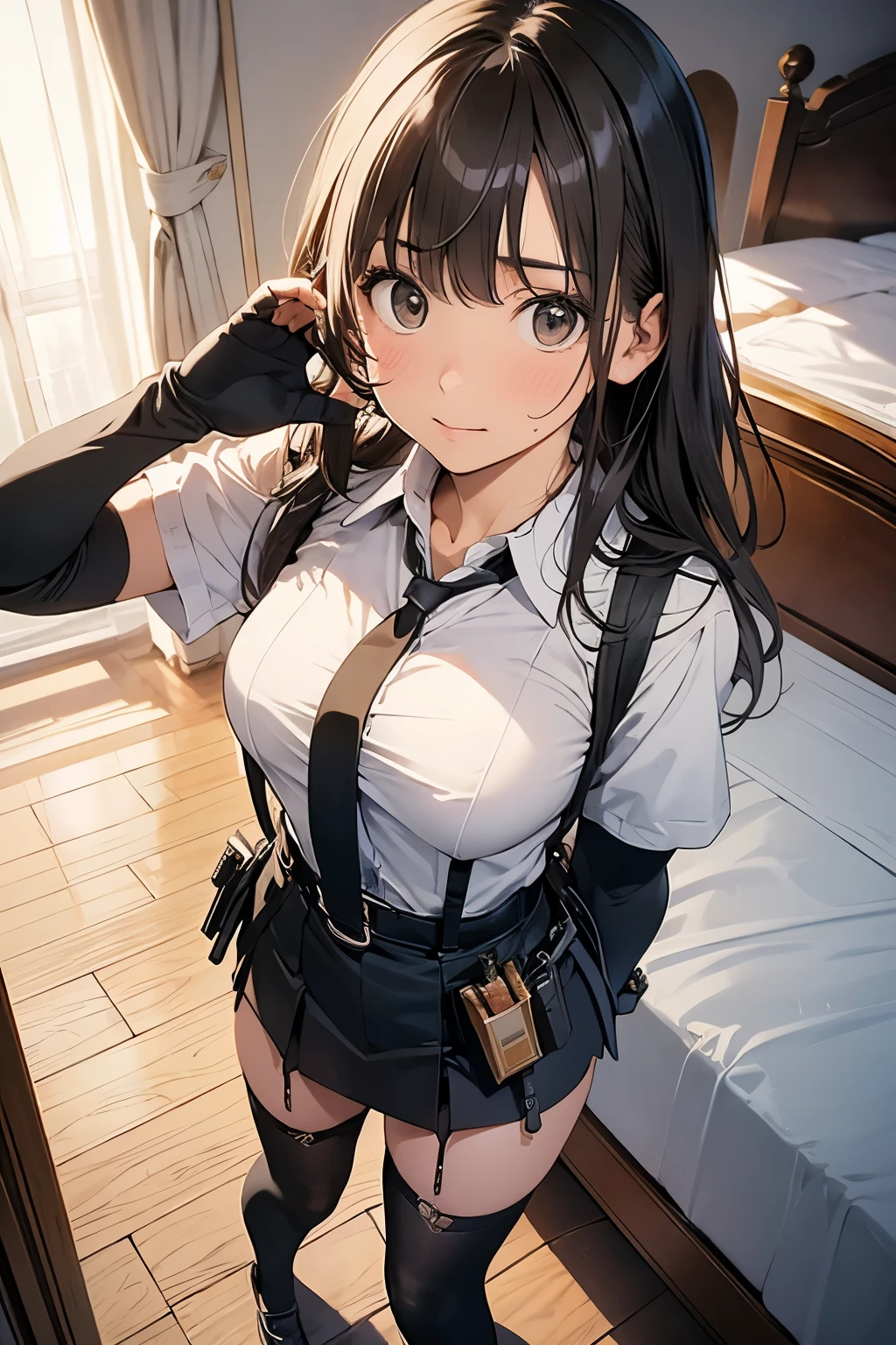 high quality, masterpiece, Ultra-high resolution, (realism: 1.4), Oil painting style, Cinema Lighting, , I stood on the empty asphalt road and looked at it., And the suspenders with the cranes flying Large Breasts Small face holster Lying in bed Looking up Sweat belt summer 脇Sweat Black Hole Gloves suit mini skirt garterbelt Leg Links ズボンにbelt holster Hands behind your back Anxious expression Looking up Anxious face Knee-high Knee socks Knee-highソックス garterbelt garter