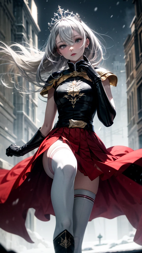 (Masterpiece, Best Quality, High Quality, absurdres, highres:1.2), Medieval, Fantasy, (Solo:1.5), Female, Older, Adult, Long Hair, Silver Hair, Sidelocks, Hair between Eyes, Grey Eyes, Eyeliner, (Grey Eyes:1.3), (Red Eyeliner:1.2), (Red Capelet:1.1), Armor, Cuirass, Skirt, Thighhighs, Boots, Greaves, Military Uniform, Zettai Ryouiki, Tiara, Capelet, Gauntlets, (Silk, Metal), Snow, White Castle in the Background, Falling Snow, Red, Black, Silver,