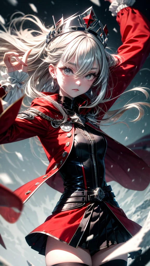 (Masterpiece, Best Quality, High Quality, absurdres, highres:1.2), Medieval, Fantasy, (Solo:1.5), Female, Older, Adult, Long Hair, Silver Hair, Sidelocks, Hair between Eyes, Grey Eyes, Eyeliner, (Grey Eyes:1.3),  (Red Eyeliner:1.2), (Red Capelet:1.1), Armor, Cuirass, Skirt, Thighhighs, Boots, Greaves, Military Uniform, Zettai Ryouiki, Tiara, Capelet, Gauntlets, (Silk, Metal), Snow, White Castle in the Background,  Falling Snow, Red, Black, Silver, 