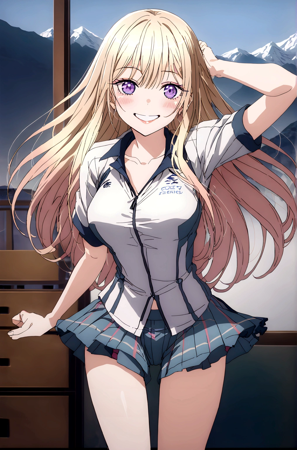 Create an image of a young woman with long, flowing blonde hair and captivating purple eyes. She is smiling warmly and has a light blush on her cheeks. She wear short sleeve cycling jersey and half cycling pants. outdoor, mountain road, blue sky, She stands confidently, exuding a friendly and approachable demeanor.