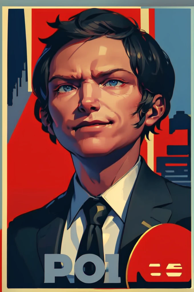 solo, Poster of Javier Milei, masterpiece, best quality, portrait of sks man ,  black suit and white shirt, very detailed face, high quality, serious face, evil smile,