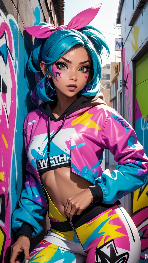 (best quality), (high detail), (vivid colors), (graffiti style), (freestyle), (Close up), (1girl), sexy female graffiti artist, spraying graffiti on a wall painted with street art, HDR, 4K, 3D, graffiti art style.