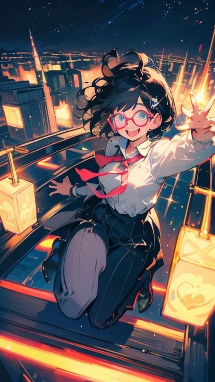 Highest quality、masterpiece、girl、Neon Town、Round glasses、Black Hair、short hair、Raise your arms and jump vertically、smile