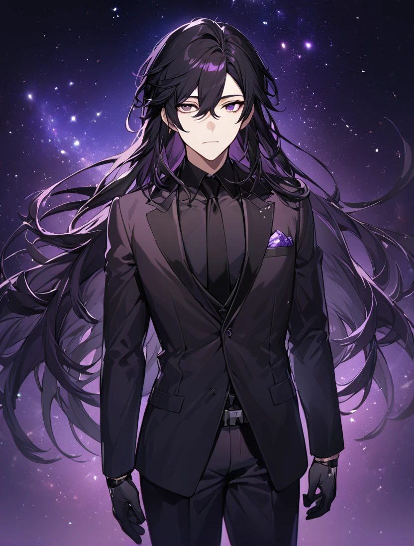 (black_hair), (long_male_hair), (deep_purple_eyes), (high_detailed_eyes), (attractive), (emotionless), (Deep_space_background), (male), (wearing _a_black_suit), (black_tight_gloves), (long_male_hair), (detailed_Hair), (detailed), (detailed_mouth), 