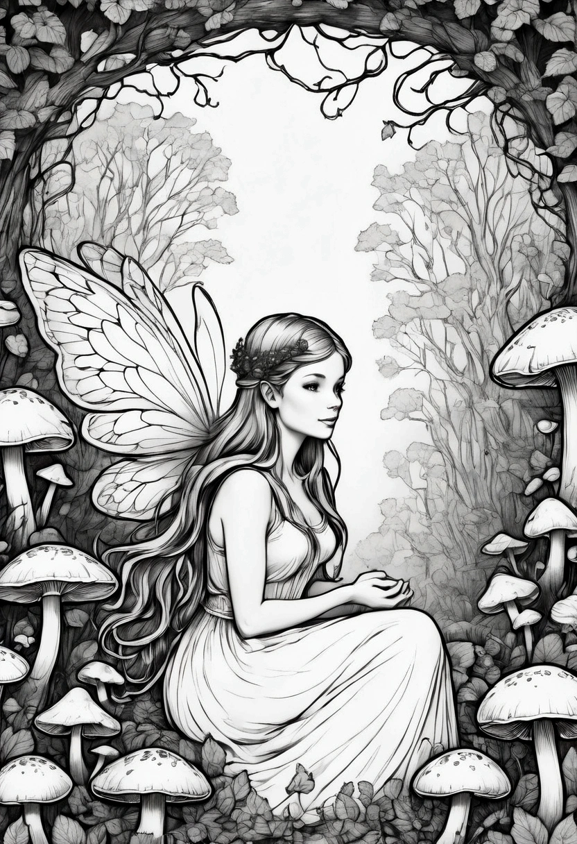 A fairy surrounded by glowing mushrooms in an enchanted forest, clean line art, white background, colouring page, clean outline, sketch style, floral frame, decorative panel, abstract ,sketch, character lines and scenes without colors and shadows
