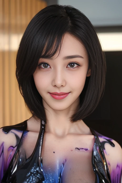 8K picture quality,masterpiece,best quality,A woman of good shape,Black lingerie,black slime shapeshifter,Smile,Walking、black liquid,(Chest:1.3),close to camera,40 year old woman、coat、slime shapeshifter