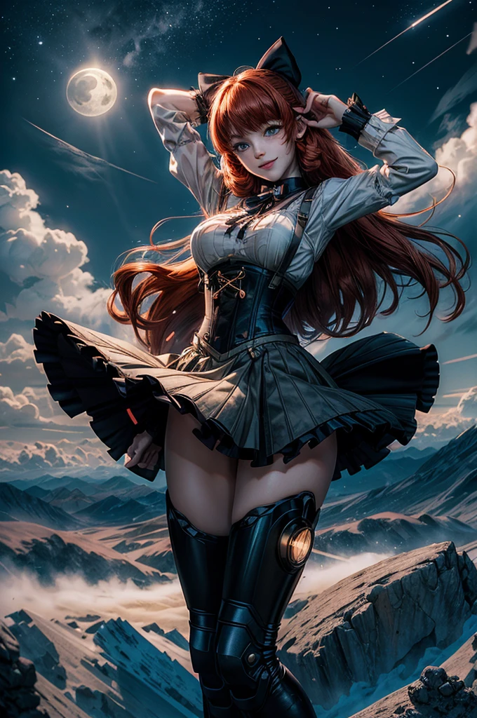 night, moon, stars, cowboy shot, (dynamic pose), smile, underbust, Penny Polendina, long red hair, neck ribbon, suspender skirt, corset, black bow, white blouse, mechanical legs, neon trim, flying in the air, blue sky, clouds (volumetric lighting), intricate details, tonemapping, sharp focus, hyper detailed