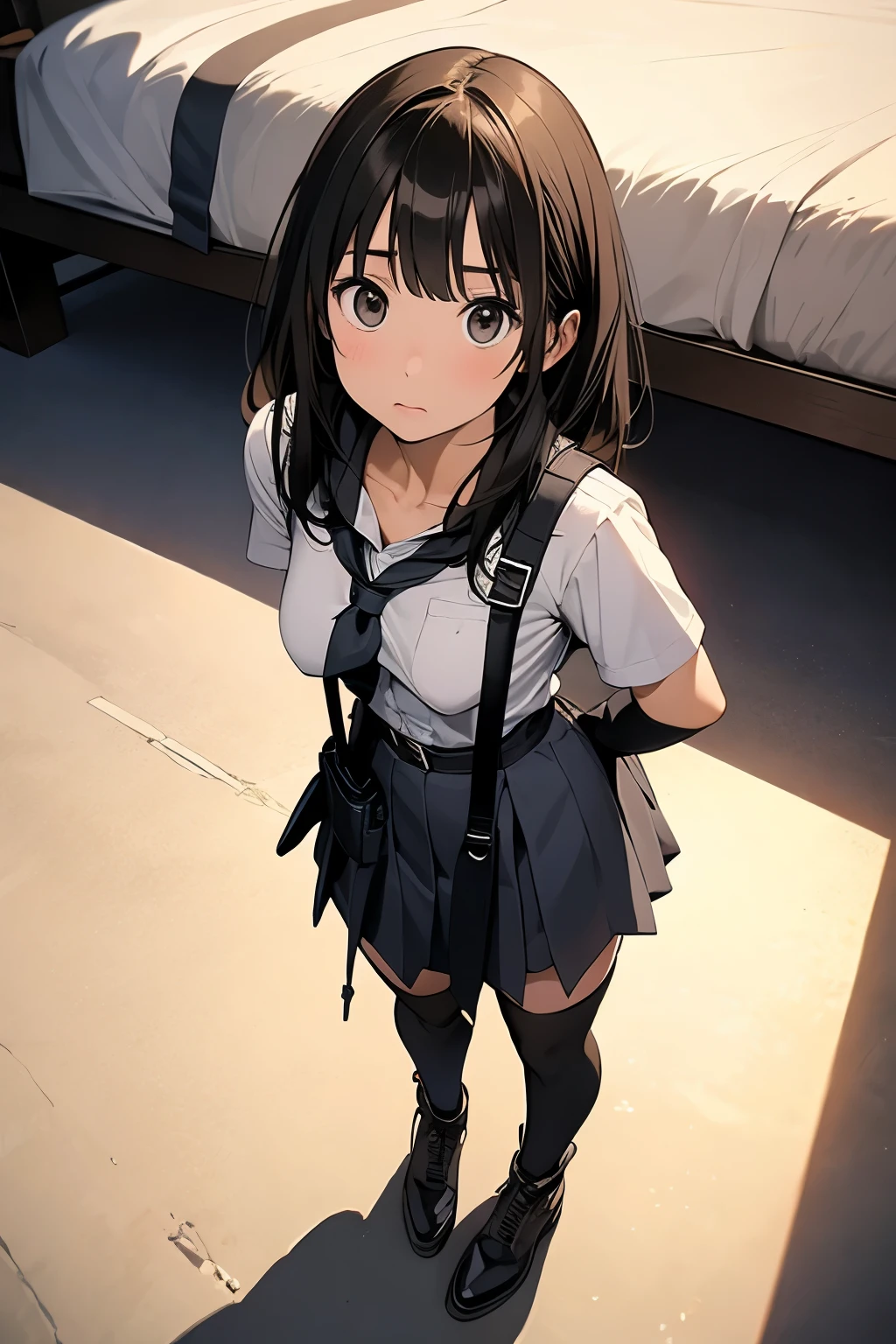 high quality, masterpiece, Ultra-high resolution, (realism: 1.4), Oil painting style, Cinema Lighting, , I stood on the empty asphalt road and looked at it., And the suspenders with the cranes flying Large Breasts Small face holster Lying in bed Looking up Sweat belt summer 脇Sweat Black Hole Gloves suit mini skirt garterbelt Leg Links ズボンにbelt holster Hands behind your back Anxious expression Looking up Anxious face Knee-high Knee socks Knee-highソックス garterbelt garter
