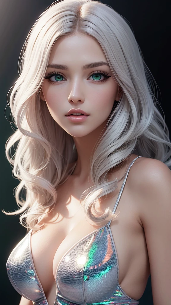 Felicia Hardy, sexy woman, Ultra detailed beautiful woman, voluminous breasts, of a 25-year-old woman, Stunningly beautiful, white color hair, wavy long hairstyle, green color eyes, very long eyelashes, Stunningly beautiful face, holographic, ultra detailed illustration, hit definition, Very bold and bright colors, 32K resolution, black dress, Best Quality, voluminous lighting, masterpiece, ultra realistic , High-quality detailing