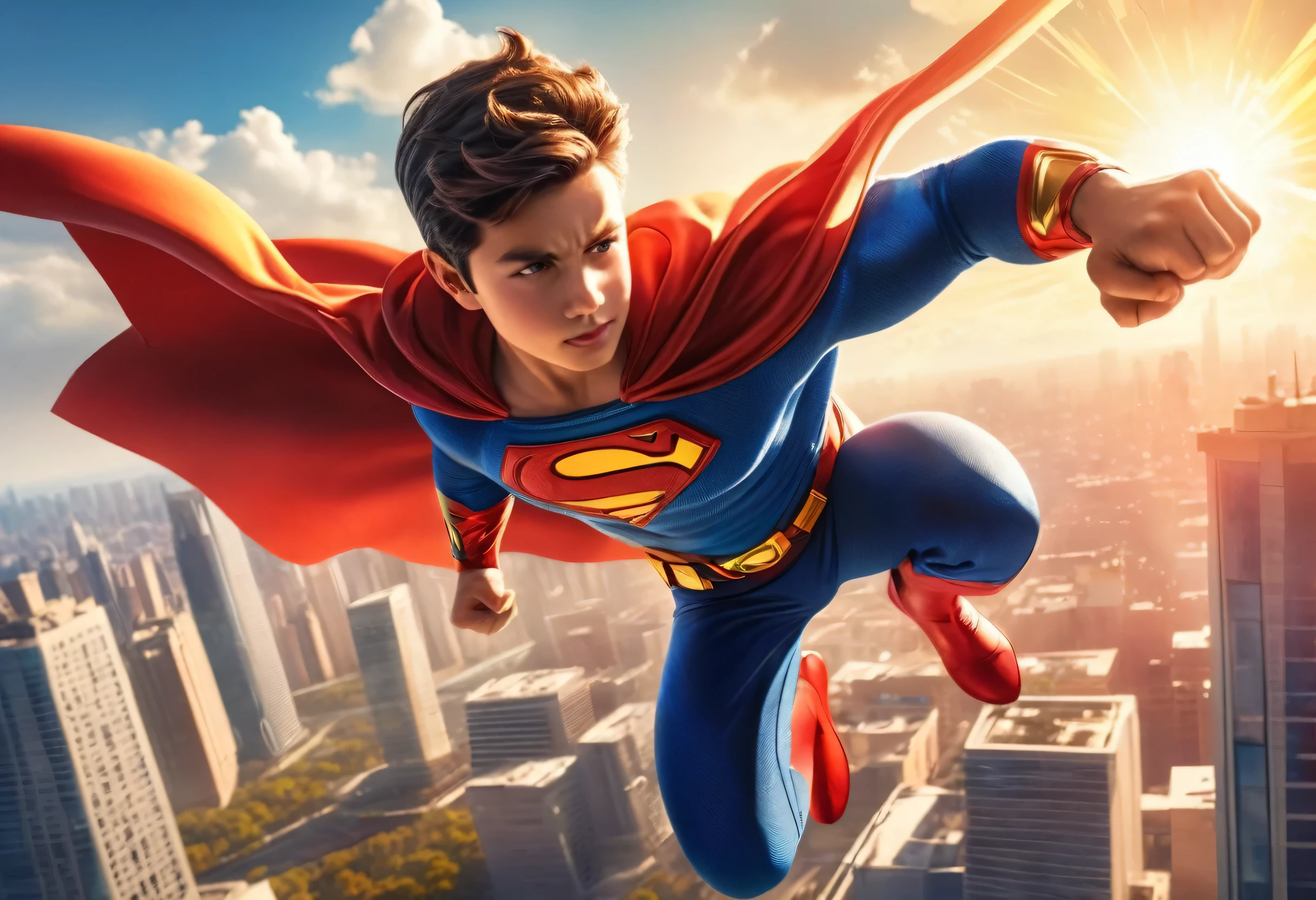 (best quality, 4k, 8k, high resolution, masterpiece: 1.2), ultra detailed, (realistic, photorealistic, photorealistic: 1.37), super boy wonder 3 years old, boy with extraordinary powers, flying through the sky, superhero costume , flowing cape behind, bright rays of energy radiating from his hands, body glowing with power, surrounded by vibrant colors, cityscape in the background, towering skyscrapers, bright sunlight illuminating the scene, dynamic action pose, courage and determination in his eyes, pulsing energy swirling around him. him, emblem on his chest shining with power, devastating super strength, ability to control elements, saving the world from the forces of evil, comic book style illustration, vibrant and bold colors, powerful and energetic brush strokes, fierce and heroic expression on his face, without seams integration of fantasy and reality, epic and grandiose atmosphere, impressive attention to detail, fast-paced and exciting composition, contrast of light and shadow, to convey a sense of drama and intensity.