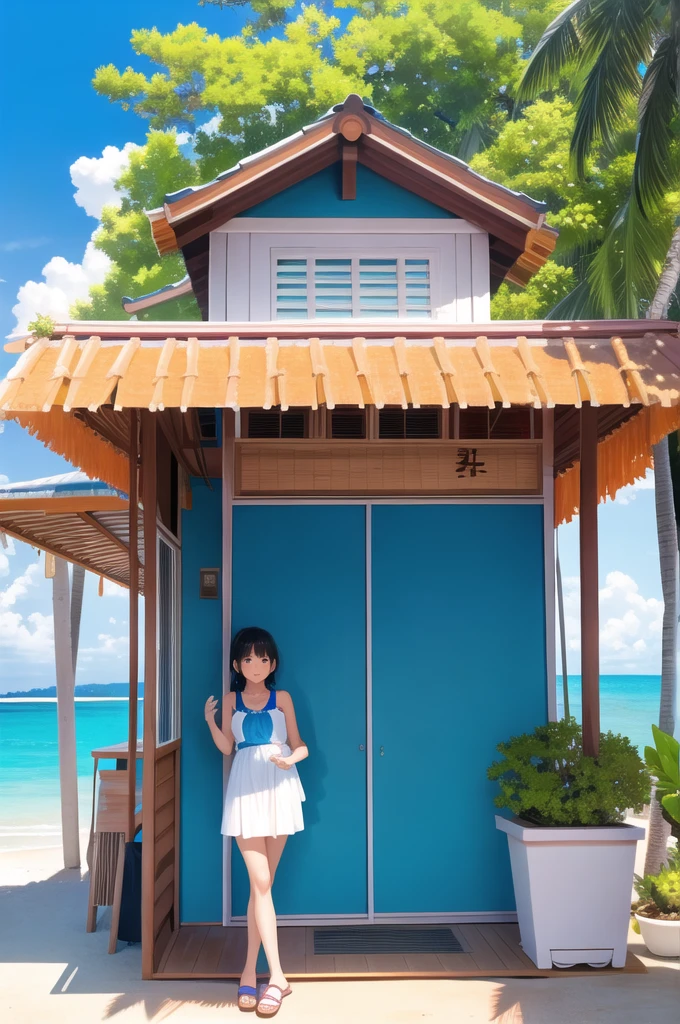 1girl, cute, ((front face)),(materpiece:1.4),(best quality:1.4),chch-style、Under a clear blue sky、フィリピン・Cebu beach白い砂が広がり、The crystal clear turquoise blue sea gently ebbs and flows.。Palm trees swaying in the breeze、Provides comfortable shade、Relaxing time flows with the sound of the waves。In the distance、Colorful boats float、Divers can be seen exploring the coral reefs and abundant marine life.。At the cafes and restaurants along the beach、Fresh seafood and tropical drinks available。Cebu beach、It&#39;s truly a paradise。