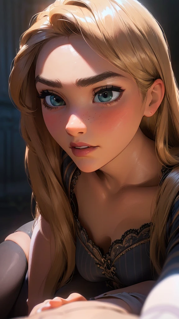 (Rapunzel, 1girl, long flowing golden hair, beautiful detailed eyes,beautiful detailed lips,extremely detailed eyes and face,longeyelashes, sexy half nude outfit, full body, oiled, horny, (best quality,4k,8k,highres,masterpiece:1.2),ultra-detailed,(realistic,photorealistic,photo-realistic:1.37),digital painting, cinematic lighting, dramatic shadows, volumetric lighting, highly detailed, intricate details, vibrant colors, chiaroscuro)