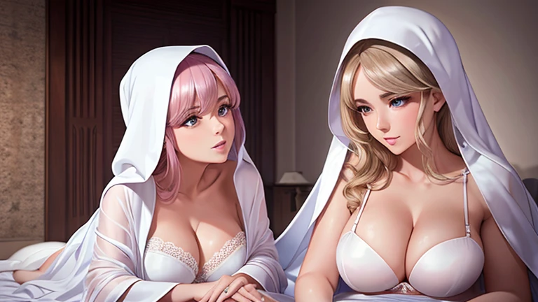 a beautiful 2 young woman wearing a white robe, they kissing each other and close to mouth , lite pink bra, Lingerie pose, wearing white silk hood,beautiful jewish woman, wearing white silk, wearing a white robe, wearing long white robe, wearing a luxurious silk robe, stunning woman,beautiful model girl,sofya emelenko, wearing silver silk robe , cleavage , large breasts