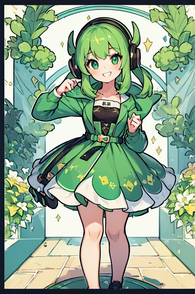 ((Highest quality, 8K, masterpiece: 1.3)), ((One girl:1.5)),Green Hair,Game Commentary,Headphones,A big smile,cute,In my room,Hairstyle: Short,During gameplay