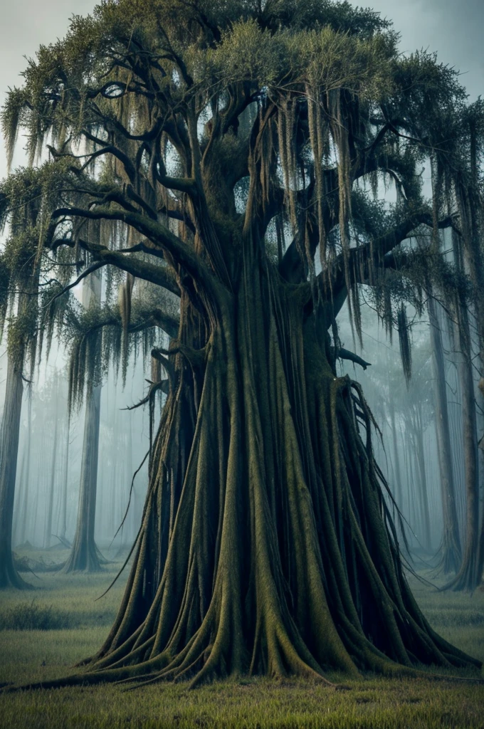 swamp forest dark black midnight scary large willow tree in middle fantasy magic