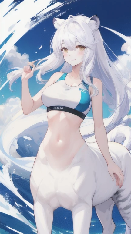 (best quality, masterpiece), 1 girl, centaur, It takes, White skin, Korean , Smiling, exposing the abdomen,Sportsbra, 아름다운 소녀 perfect white tiger photo, perfect white tiger photo