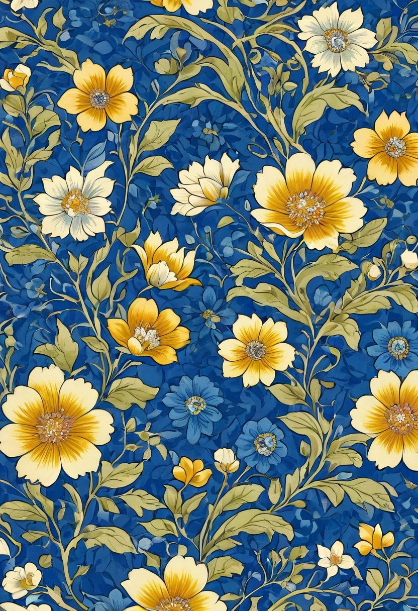 fundo branco, a close-up of a patchwork pattern with blue and yellow flowers, chinoiserie pattern, telha, grandes motivos, inspirado em William Morris, Telhas, textile print, decorado com motivos russos, Versace Standard, indigo blooming flowers garden, inspirado em Michel Delacroix, acentos de flores azuis, com motivos kerala, cores azuis brancas, repeat pattern