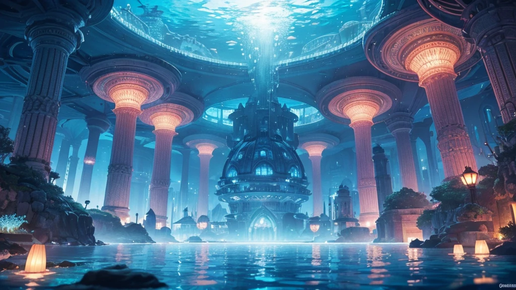 A fantastical and serene deep-sea city.
Viewed from the ocean floor looking up towards the water surface.
The city is very large with futuristic buildings, domes, and spires.
Completely submerged in clear blue and pink water.
The entire city is covered by a large dome-shaped glass structure.
The scene has a tranquil and calming atmosphere.
Soft glowing lights illuminate the city.
The water surface above glitters with sunlight, creating beautiful patterns.
The city emits a quiet, artificial light.
Surrounded by vibrant marine life and coral formations.
The water is deeper, adding to the mysterious and serene feeling.
The image is high-resolution, realistic, and in 4K.
Capturing the enchanting beauty of the underwater city.