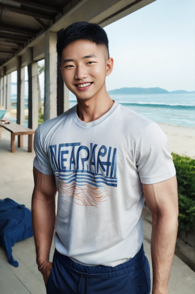 (Create a masterpiece: 1.2),(CGI art:1.3),(realistic:1.5),(After processing:1.3), (Sharp focus:1.3), 1 man, open mouth, smile, (T-shirt without logo:1.5), Navy cargo pants, Korean guy , korean men, (High gloss details), chest muscles, large arm muscles, blood vessel, Big muscles, Broad shoulders, looking at the audience, Balancing the eyes, seaside beach sunshine looking at the sea
