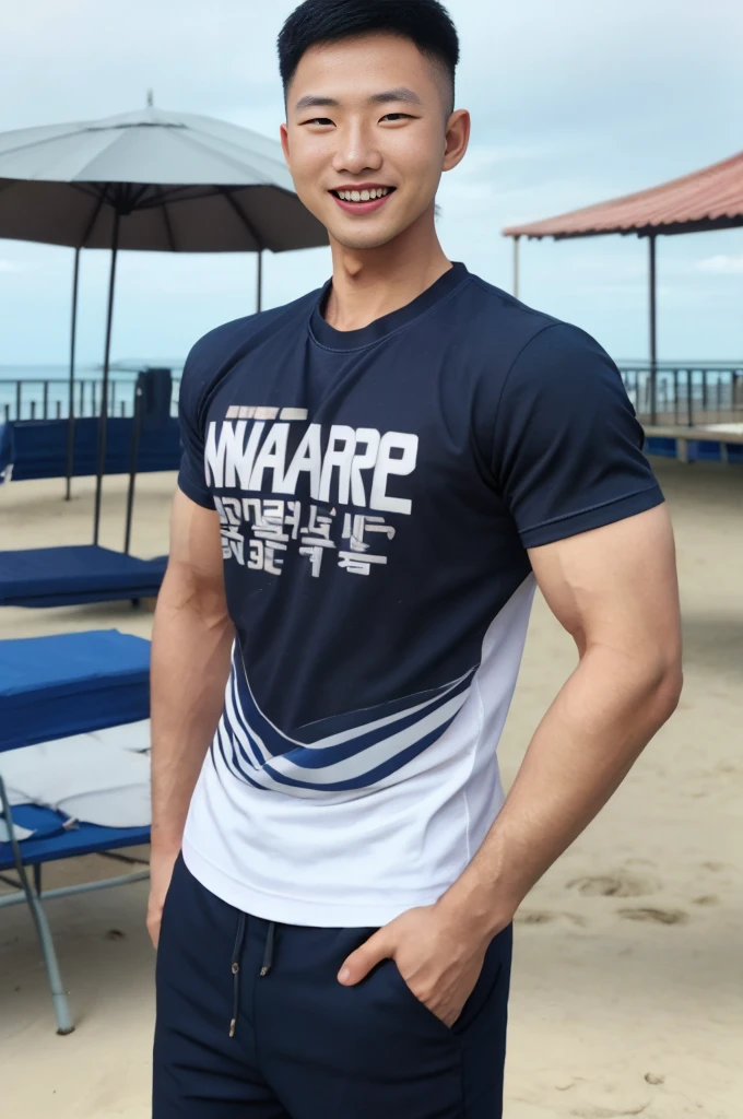 (Create a masterpiece: 1.2),(CGI art:1.3),(realistic:1.5),(After processing:1.3), (Sharp focus:1.3), 1 man, open mouth, smile, (T-shirt without logo:1.5), Navy cargo pants, Korean guy , korean men, (High gloss details), chest muscles, large arm muscles, blood vessel, Big muscles, Broad shoulders, looking at the audience, Balancing the eyes, seaside beach sunshine looking at the sea