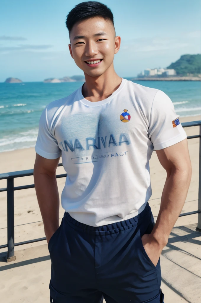 (Create a masterpiece: 1.2),(CGI art:1.3),(realistic:1.5),(After processing:1.3), (Sharp focus:1.3), 1 man, open mouth, smile, (T-shirt without logo:1.5), Navy cargo pants, Korean guy , korean men, (High gloss details), chest muscles, large arm muscles, blood vessel, Big muscles, Broad shoulders, looking at the audience, Balancing the eyes, seaside beach sunshine looking at the sea