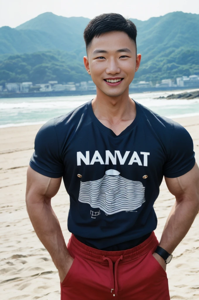 (Create a masterpiece: 1.2),(CGI art:1.3),(realistic:1.5),(After processing:1.3), (Sharp focus:1.3), 1 man, open mouth, smile, (T-shirt without logo:1.5), Navy cargo pants, Korean guy , korean men, (High gloss details), chest muscles, large arm muscles, blood vessel, Big muscles, Broad shoulders, looking at the audience, Balancing the eyes, seaside beach sunshine looking at the sea
