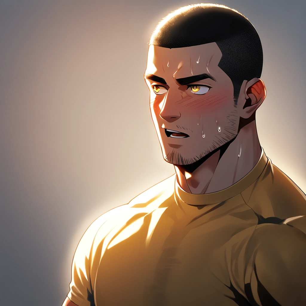 1muscular sportsman, male focus, Buzz Cut, Yellow and black tight T-shirt, Very tight, muscular male, muscular, only, Upper body, alone, look to the side, short hair, stubble, sweat, black hair, Yellow eyes, open lips, White background, simple background, amazing quality, best aesthetics, Ridiculous, crew cut, moaning, blush, chiaroscuro, cinematic lighting, best quality, textured skin