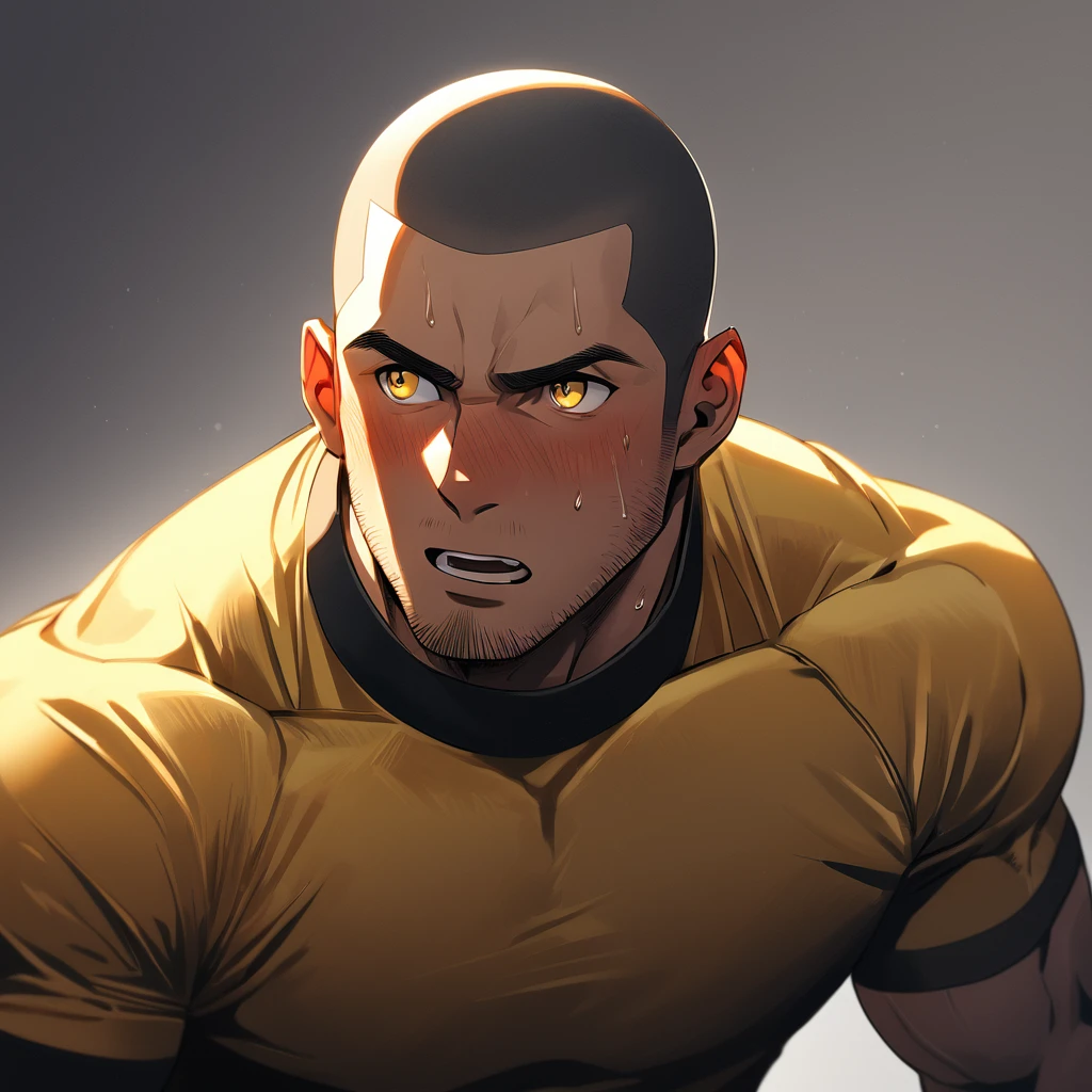 1muscular sportsman, male focus, Buzz Cut, Yellow and black tight T-shirt, Very tight, muscular male, muscular, only, Upper body, alone, look to the side, short hair, stubble, sweat, black hair, Yellow eyes, open lips, White background, simple background, amazing quality, best aesthetics, Ridiculous, crew cut, moaning, blush, chiaroscuro, cinematic lighting, best quality, textured skin