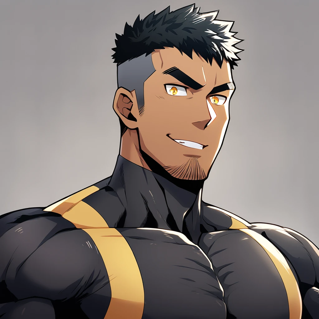 anime characters：Gyee, Muscle Sports Student, ????? black skin, 1 dark skin muscular tough guy, Manliness, male focus, Dark grey high collar long sleeve wetsuit, Matte texture, Very tight, Round, full and perky chest muscles, Slightly transparent, muscular male, muscular, only, Upper body, alone, Black short hair, Thick eyebrows, stubble, Yellow eyes, Grey background, simple background, amazing quality, best aesthetics, Ridiculous, bright pupils, crew cut, parted lips, seductive smile, torogao, naughty face,  best quality